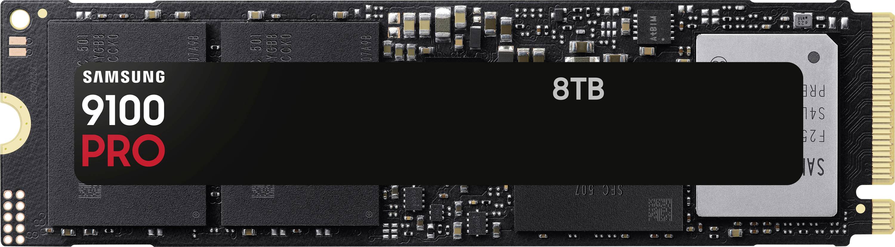 Samsung 9100 PRO 8TB solid-state drive, nero con connettore dorato, che presenta un design compatto per soluzioni di archiviazione ad alta capacità.