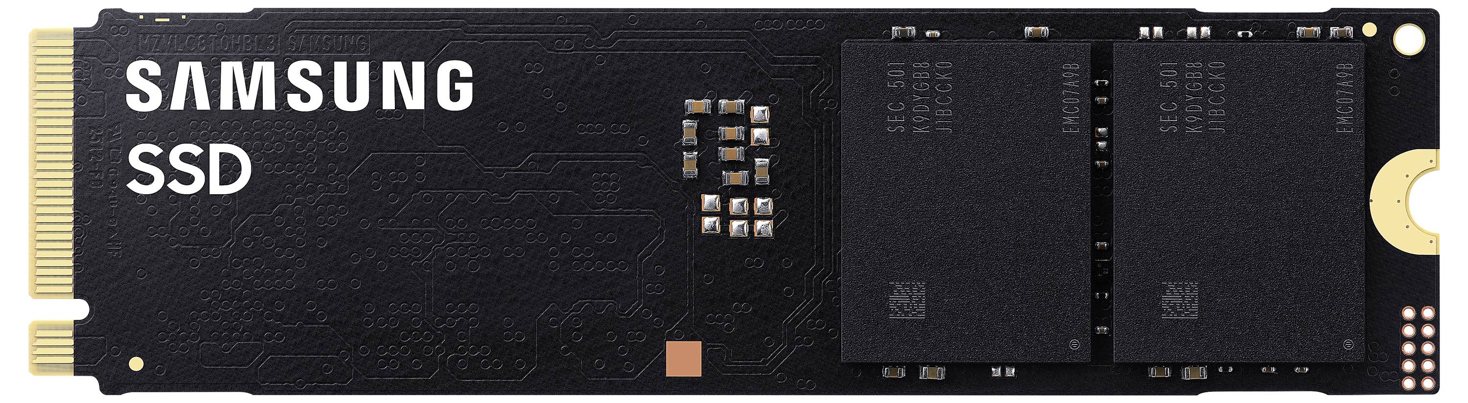 Un SSD Samsung con una scheda a circuito nero e connettore dorato, che presenta due chip principali e diversi componenti più piccoli.