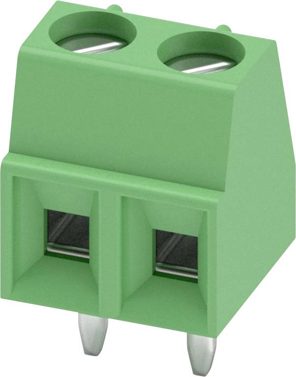 Un morsetto a vite verde con due pin, dotato di due aperture circolari sulla parte superiore e due perni metallici sul fondo per connessioni elettriche.