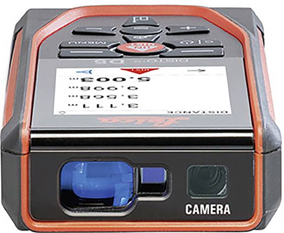 Misuratore di distanza laser portatile con display digitale e pulsanti, utilizzato per misurare le distanze con precisione.