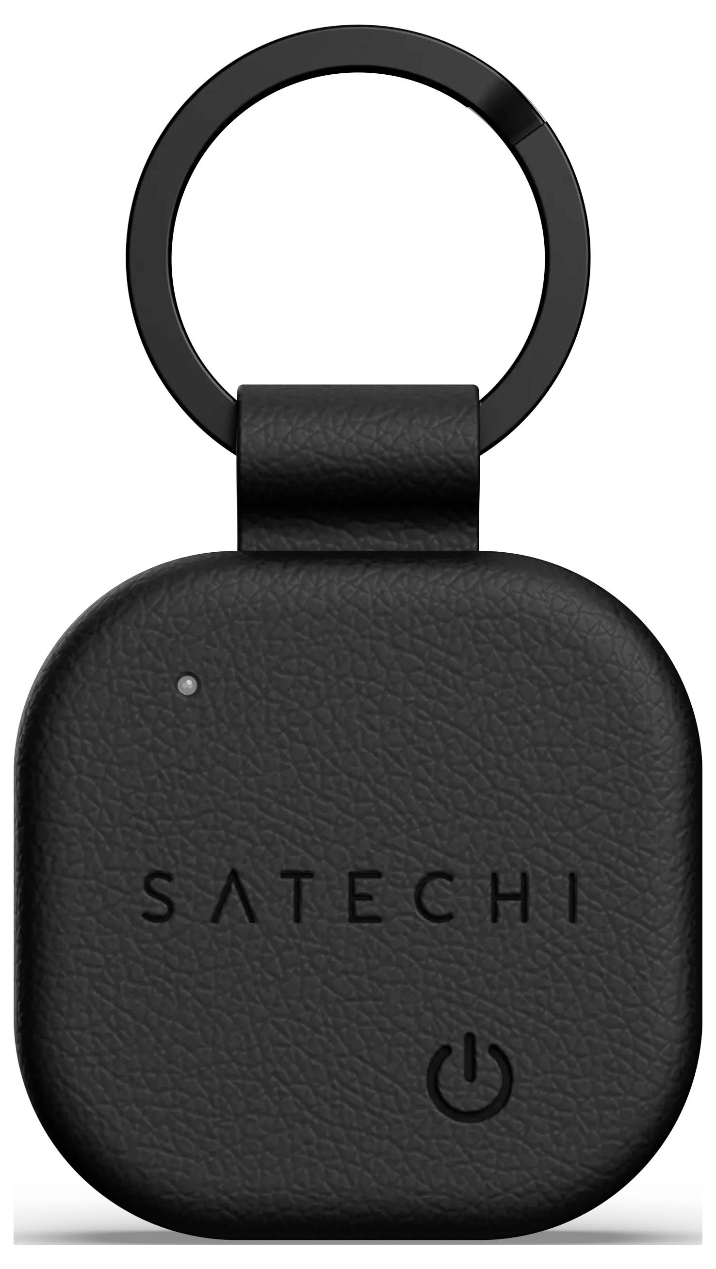 Un portachiavi quadrato nero con un supporto circolare. Il fronte riporta la scritta 'Satechi' con un simbolo di alimentazione sottostante, progettato per contenere un dispositivo tracker.