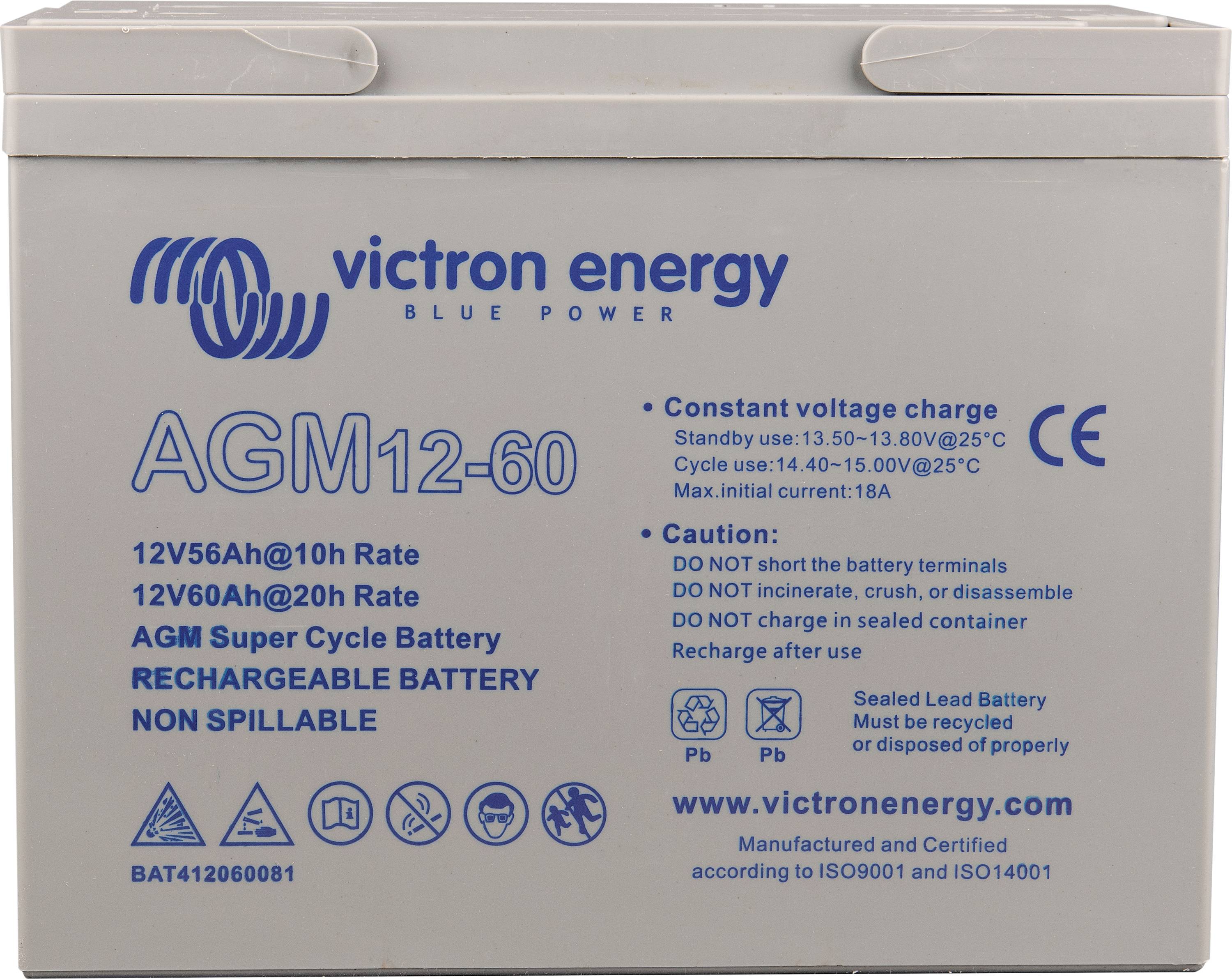 Batteria ricaricabile 'AGM12-60', 'Victron Energy', 12V56Ah@10h, 12V60Ah@20h, non versabile. Istruzioni di carica a tensione costante incluse.