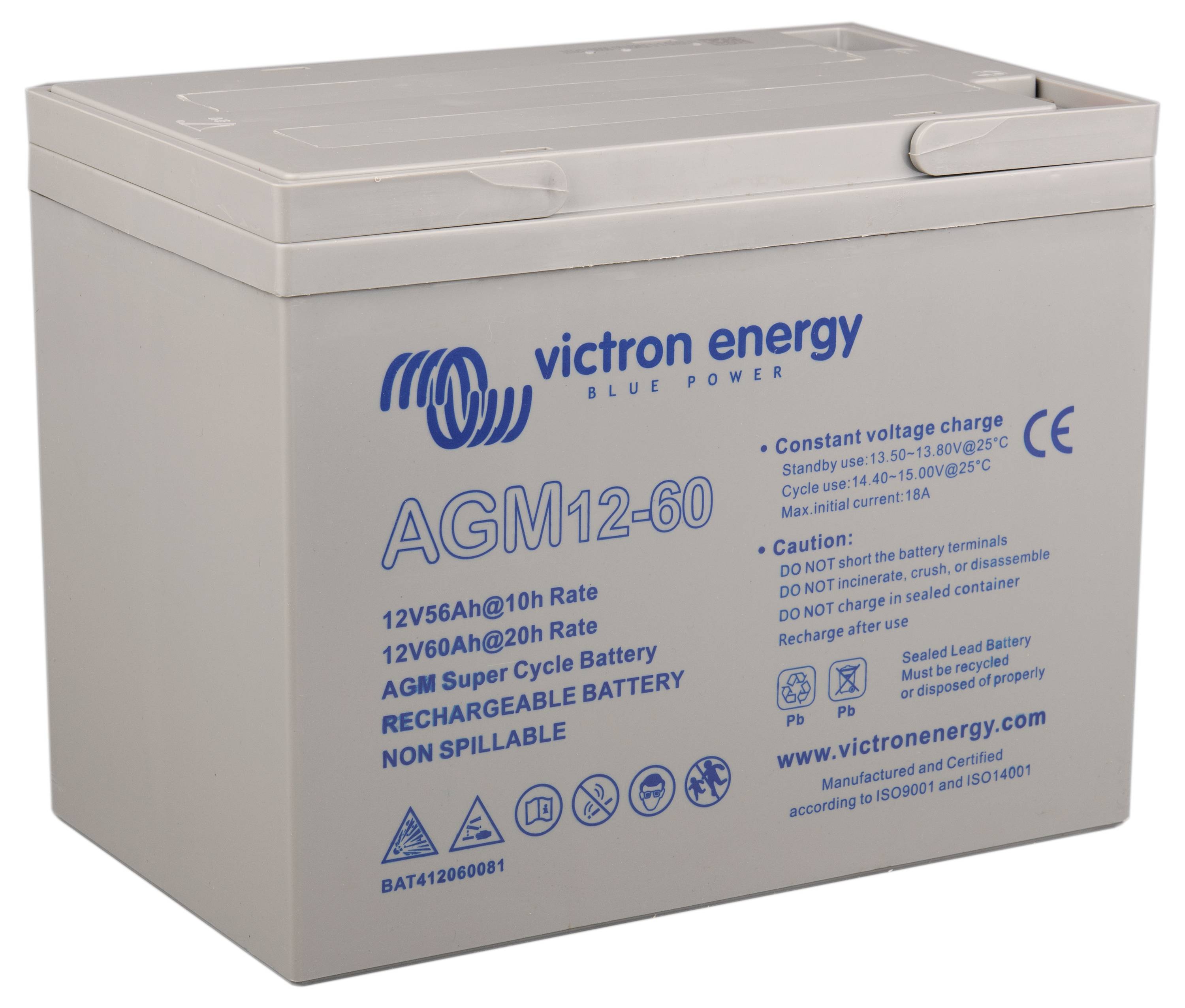 Una batteria ricaricabile AGM12-60 grigia di Victron Energy con specifiche tecniche in testo blu, che include valutazioni di tensione e capacità.