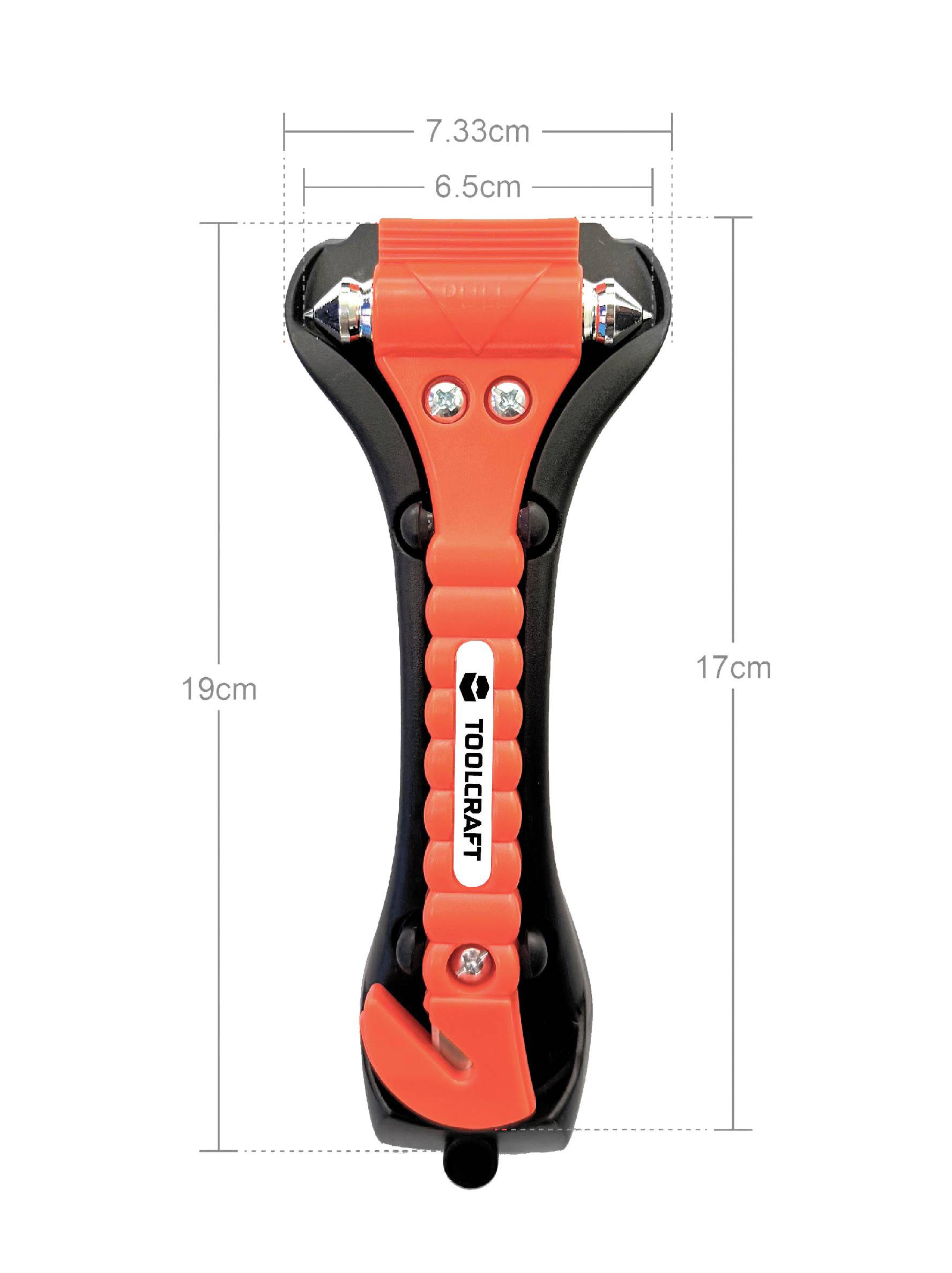 Martello di emergenza con taglia-cinture di sicurezza, arancione e nero, etichettato 'TOOLCRAFT'. Dimensioni: 19 cm di lunghezza, 7,33 cm di larghezza nella parte superiore, 6,5 cm di larghezza nella parte inferiore.