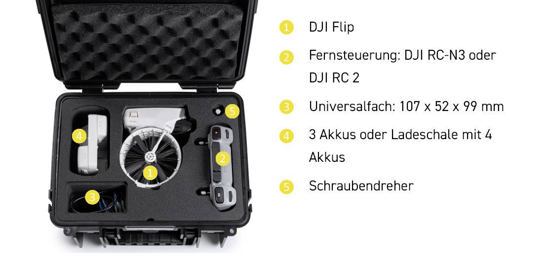Custodia contenente un drone, telecomandi, un pacco batterie con 4 batterie e un cacciavite. Le etichette indicano '1' per il drone, '2' per il telecomando, '3' per il pacco batterie e '5' per il cacciavite.