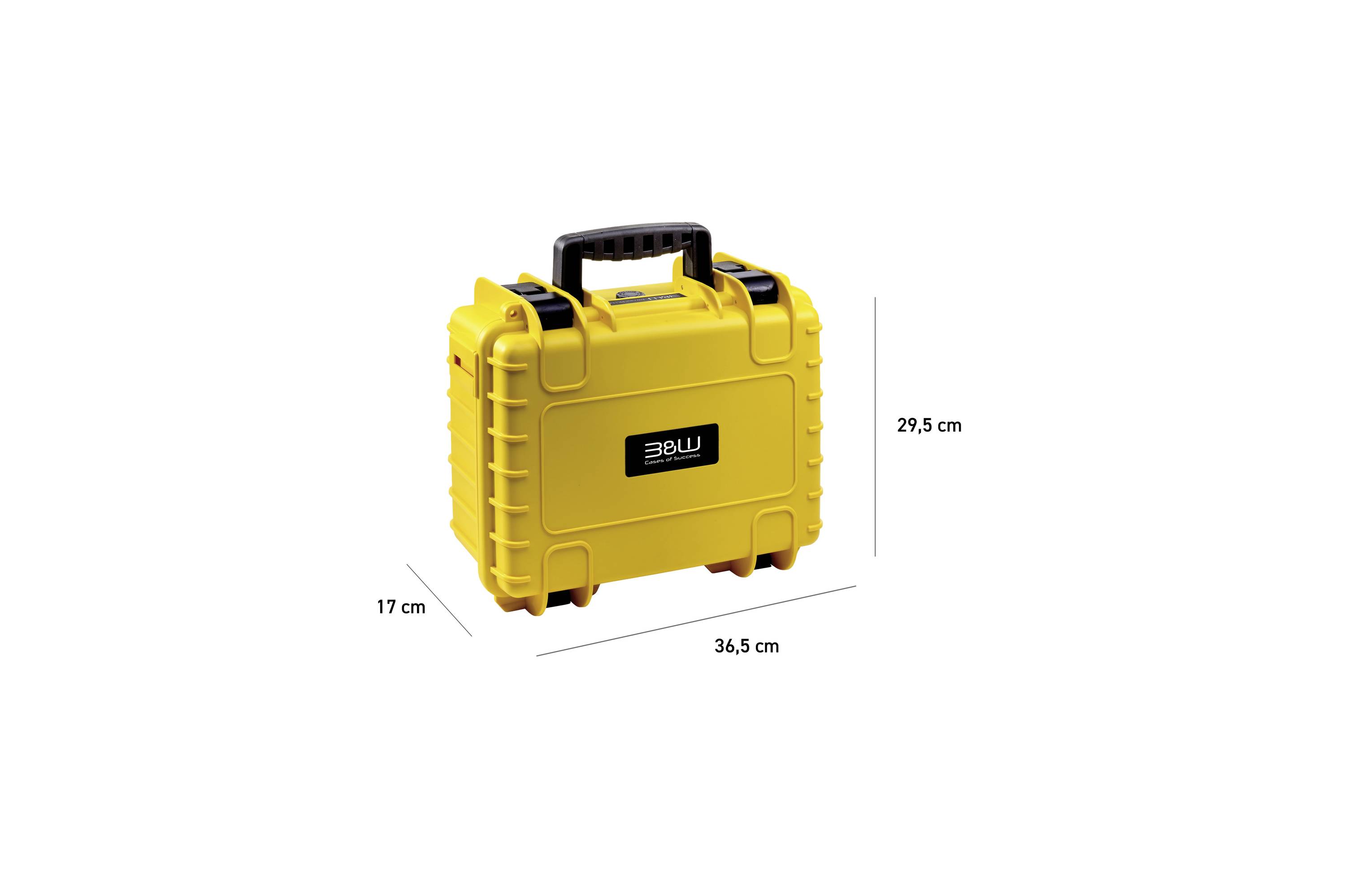 Un custodia robusta di colore giallo con manico e le seguenti dimensioni: 29,5 cm di altezza, 36,5 cm di larghezza e 17 cm di profondità.