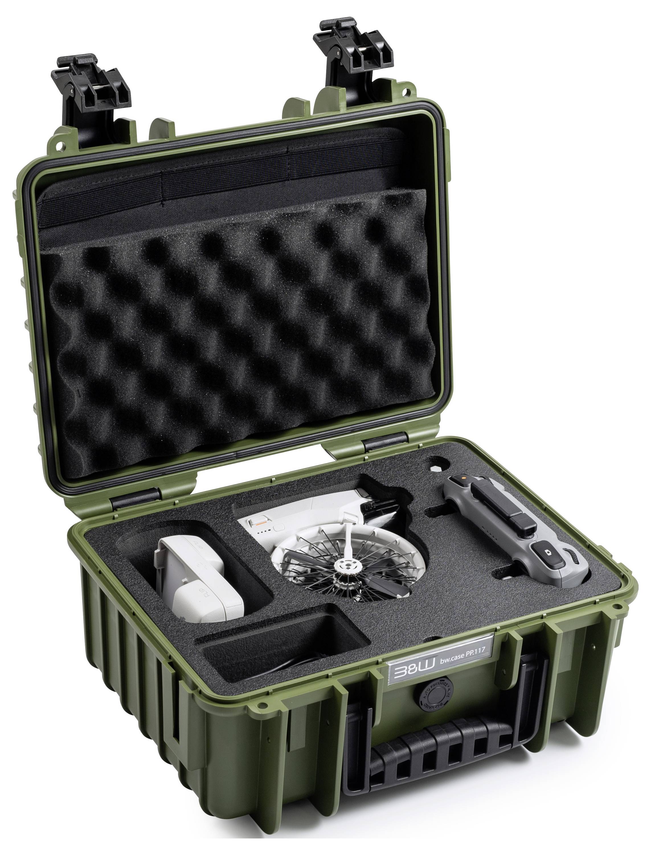 Un custodia protettiva verde oliva aperta contiene un piccolo drone e un controller, con imbottitura in schiuma per un trasporto sicuro.