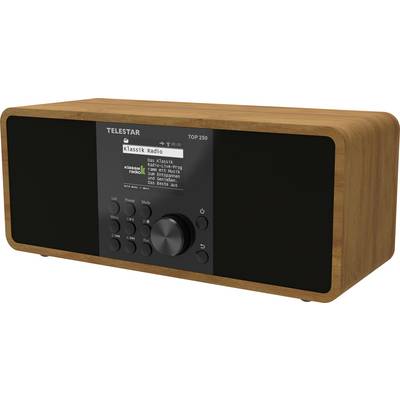 Una radio in stile vintage in legno che mostra 'Klassik Radio' su uno schermo digitale, con una manopola centrale e vari pulsanti di controllo.
