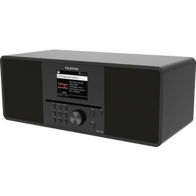 Un sistema stereo nero etichettato 'Telestar TOP 30©' mostra 'schlagerparadies' sul suo schermo digitale, con vari pulsanti e una manopola grande.