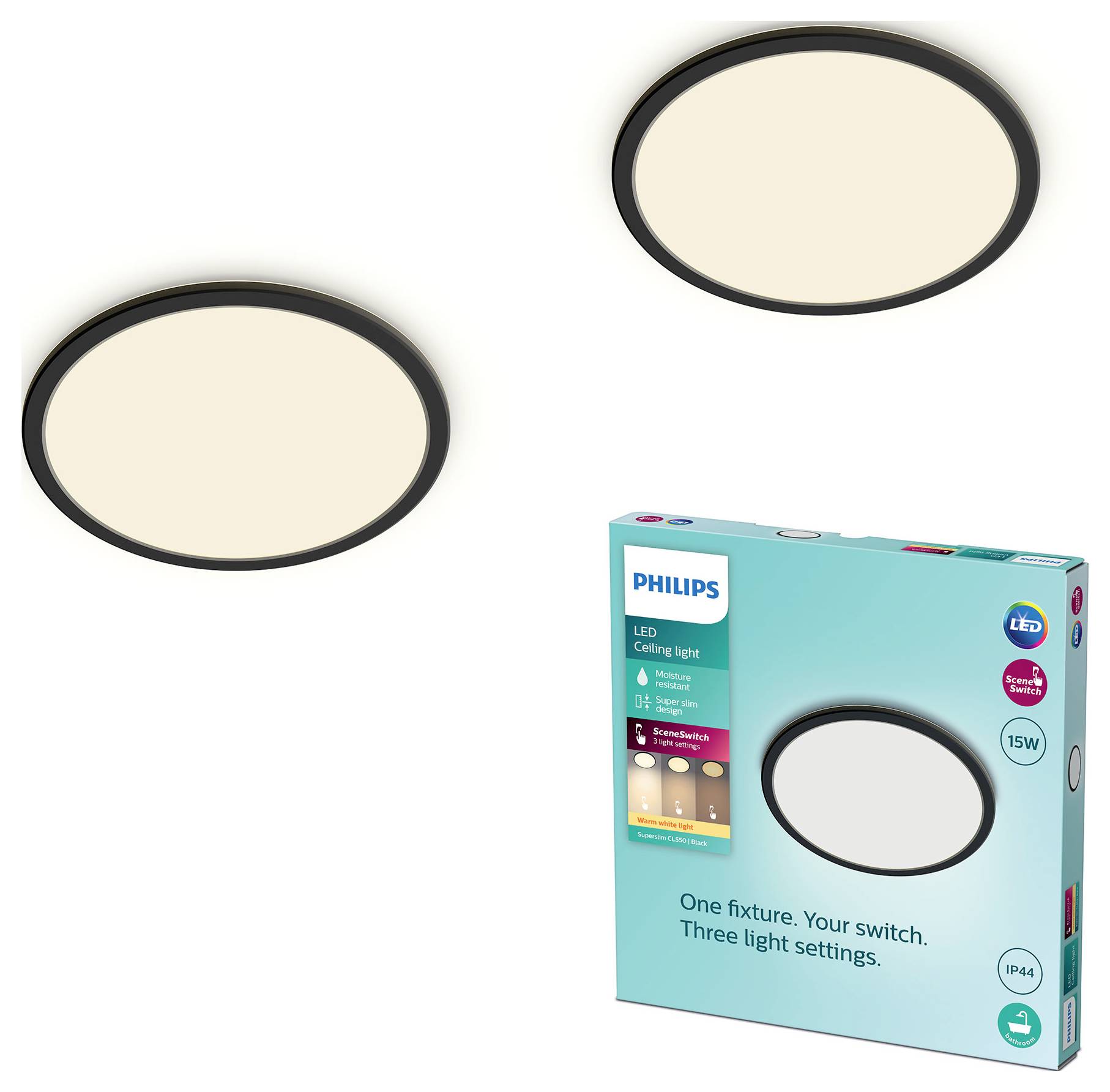 Due plafoniere LED rotonde con tonalità neutra e una scatola di imballaggio Philips che mostra tre impostazioni di illuminazione e un consumo energetico di 15W.