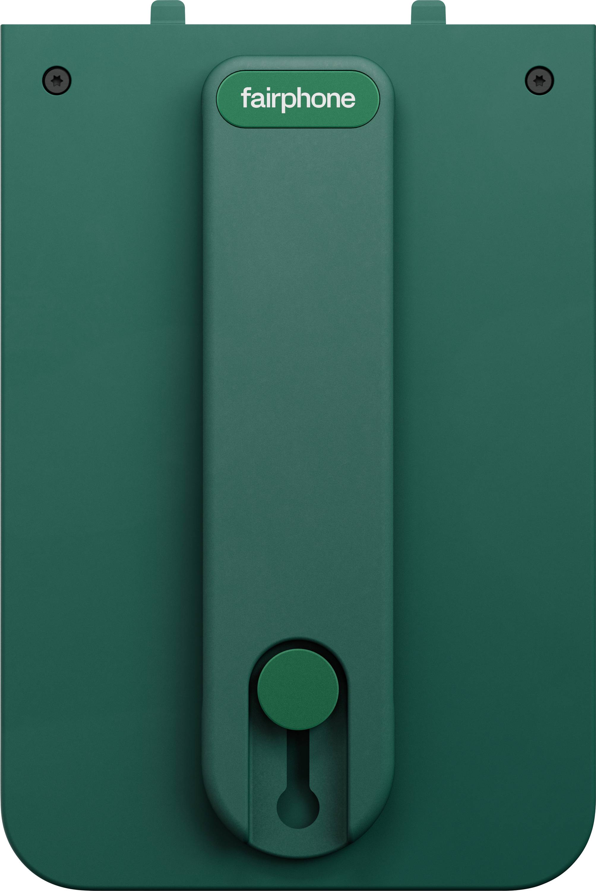 Un custodia per telefono verde con un supporto regolabile integrato. Il supporto presenta un logo con il testo 'fairphone' in alto.