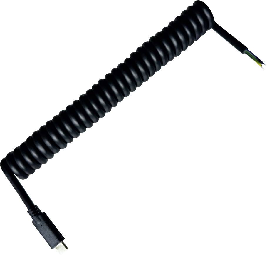 Cavo di ricarica nero arrotolato con un connettore su un'estremità, adatto per dispositivi elettronici.