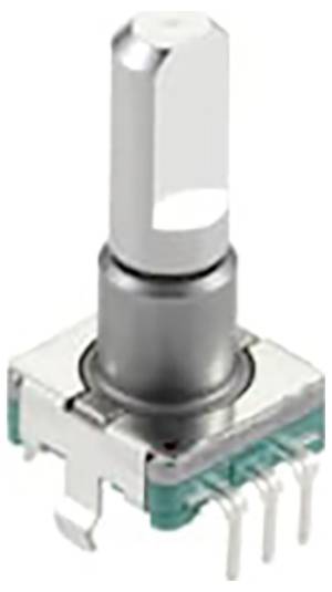 'Un encoder rotativo con una manopola metallica, utilizzato in elettronica per regolare le impostazioni di controllo con precisione.'