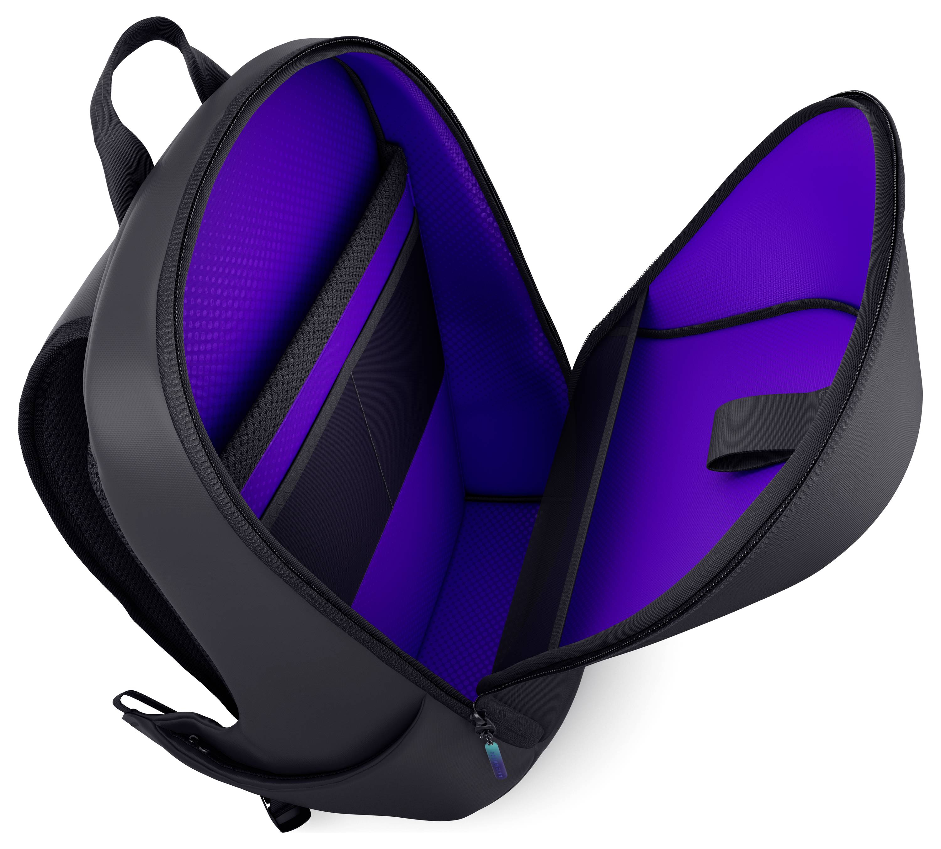 Zaino nero con scomparti aperti che mostrano un interno color viola scuro, tasca imbottita per laptop e cinghie regolabili.