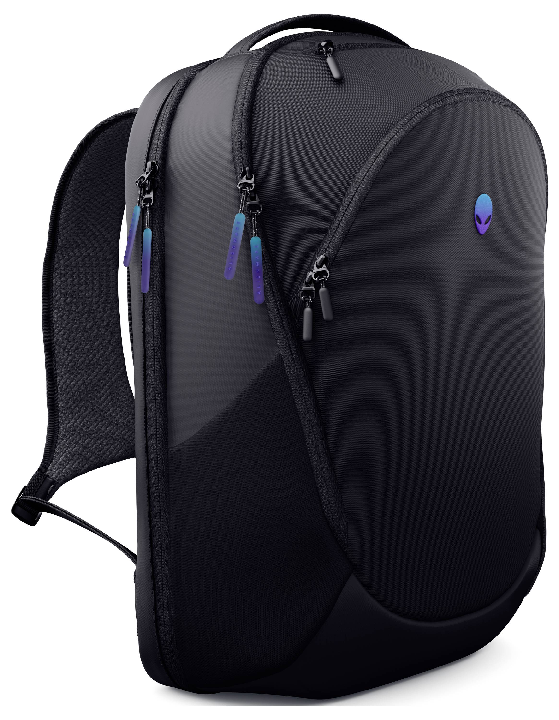 Uno zaino nero elegante con un design liscio e curvo, che presenta un logo alieno nella parte superiore. Diversi chiusure lampo con linguette colorate.