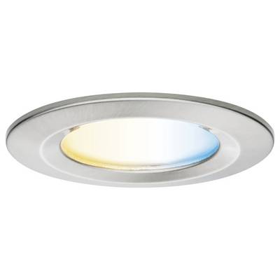Un punto luce a soffitto rotondo da incasso con temperatura del colore regolabile, che passa dal giallo caldo all'azzurro freddo.
