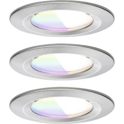 Tre luci LED incassate rotonde con cornice metallica, ognuna che emette uno spettro sfumato di colori, mostrando sia tonalità bianche che arcobaleno.