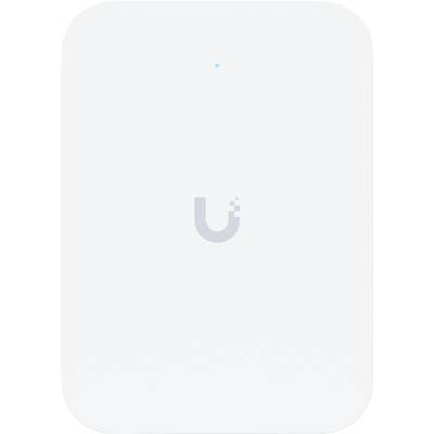 Punto di accesso wireless rettangolare bianco con un piccolo indicatore LED blu in alto e un logo grigio a forma di 'U' al centro.