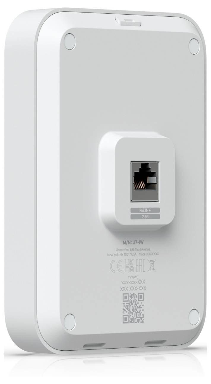 Un dispositivo elettronico bianco rettangolare con una porta ethernet visibile sul retro, progettato per essere montato a parete.