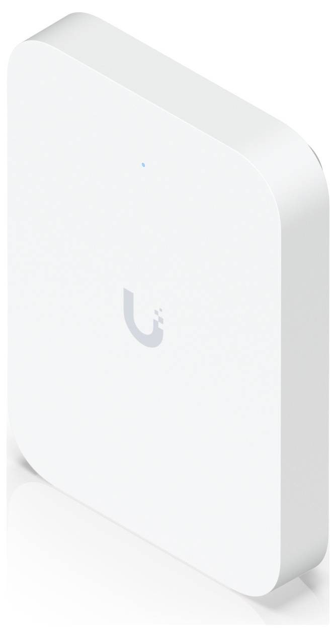 Un punto di accesso wireless bianco, rettangolare, con un logo 'U' sottile e un piccolo LED blu sul davanti, che suggerisce lo stato di connettività.