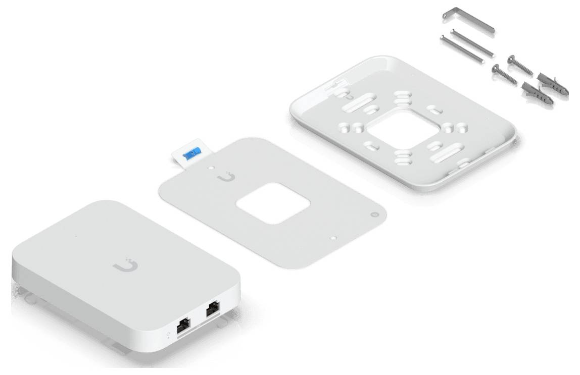 'Vista esplosa di un punto di accesso wireless con staffa di montaggio e componenti hardware, che mostra le porte e l'allineamento per l'assemblaggio.'
