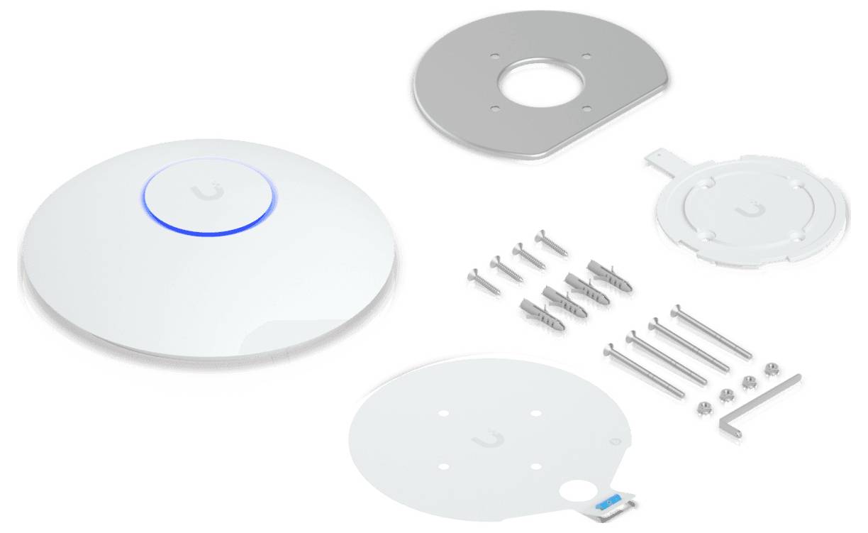 'Access point wireless da soffitto con kit di installazione, comprensivo di piastre di montaggio, viti e tasselli per un'installazione sicura.'