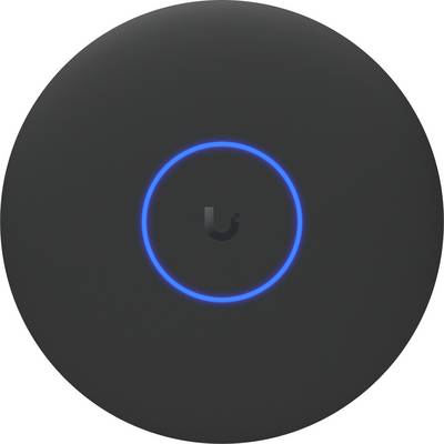 Un dispositivo rotondo nero con un anello blu illuminato, probabilmente un punto di accesso wireless, su uno sfondo neutro.