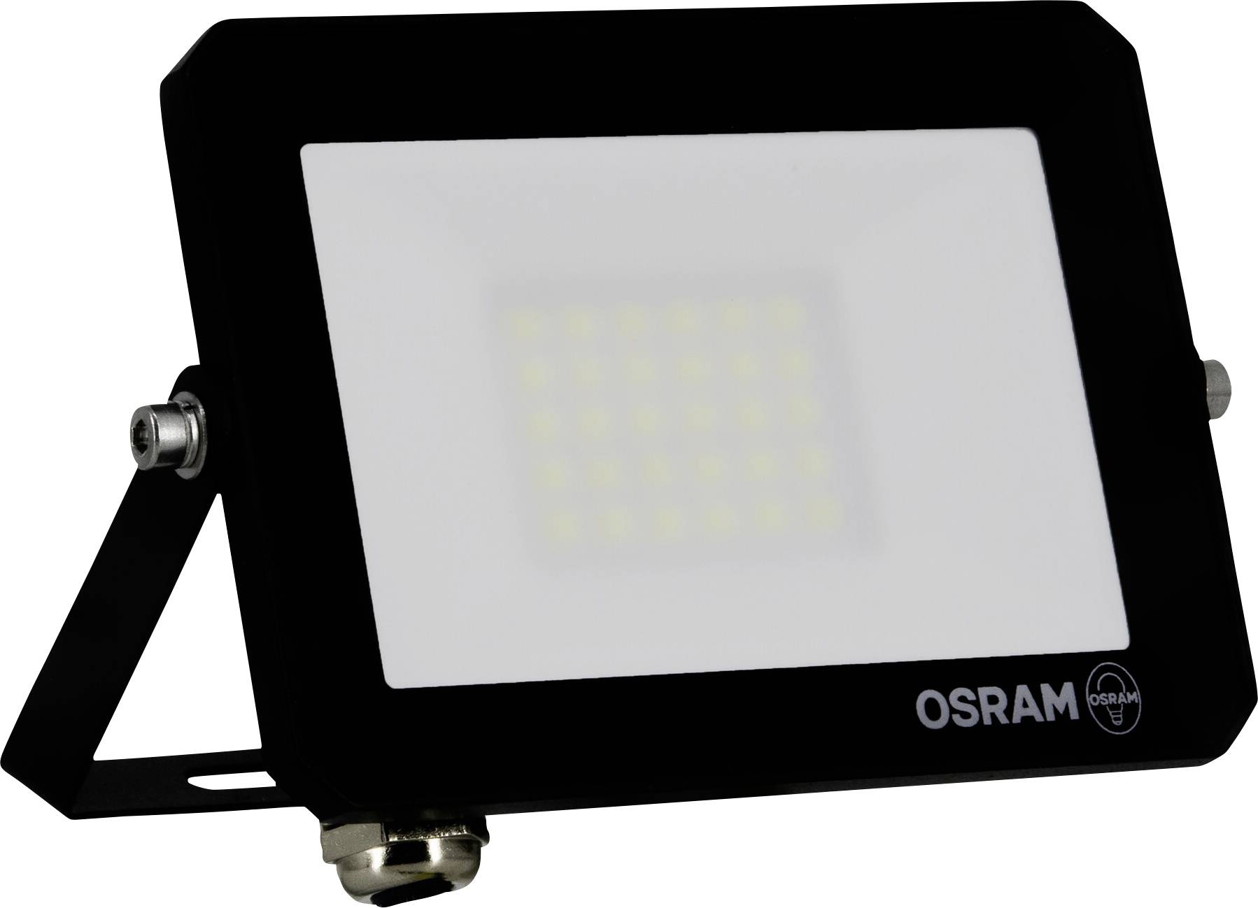 Un proiettore LED nero Osram con forma rettangolare e staffa di montaggio. La luce è commutabile con un logo Osram visibile.