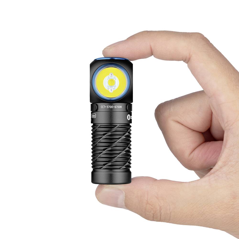 Una mano tiene una piccola torcia elettrica nera con un anello blu intorno all'obiettivo, mostrando le dimensioni compatte e il design della luce.
