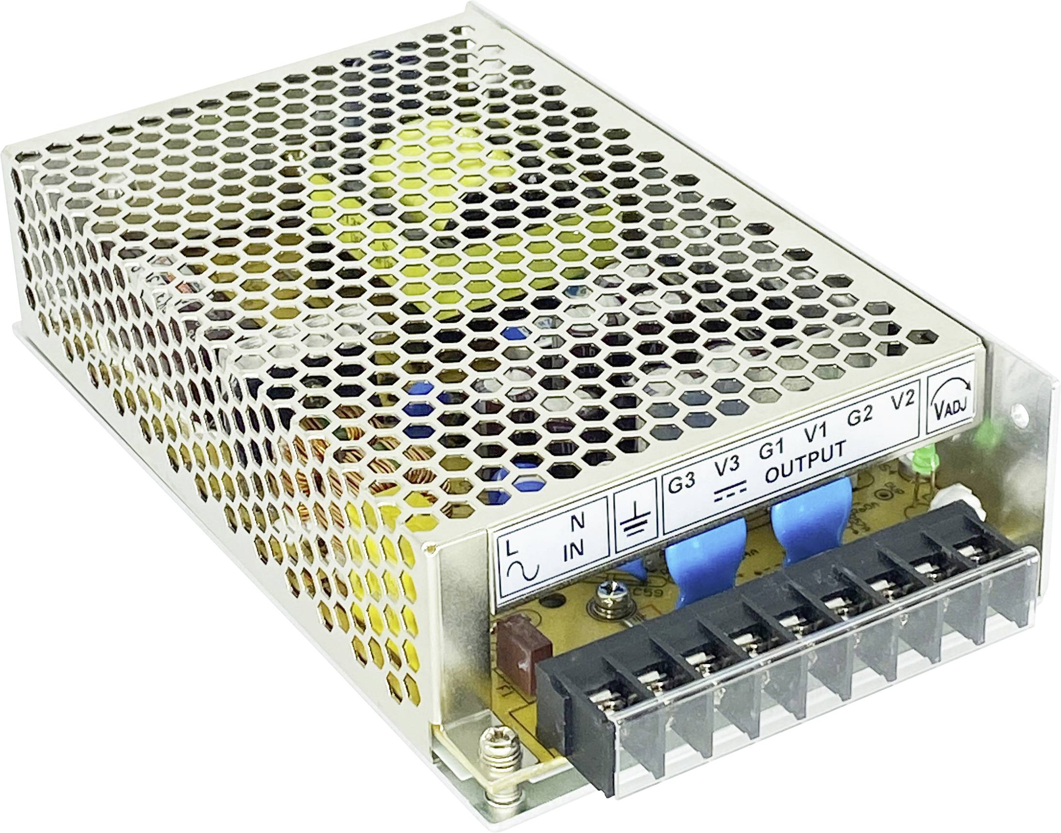 Alimentatore switching con case forato in metallo, morsettiera a vite e connessioni di ingresso/uscita etichettate visibili sulla parte anteriore