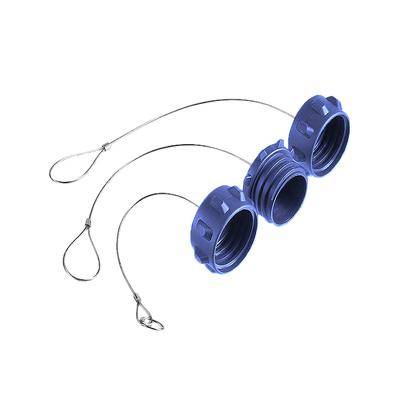 Due tappi in plastica blu con anelli d'acciaio collegati, progettati per sigillare o fissare contenitori.