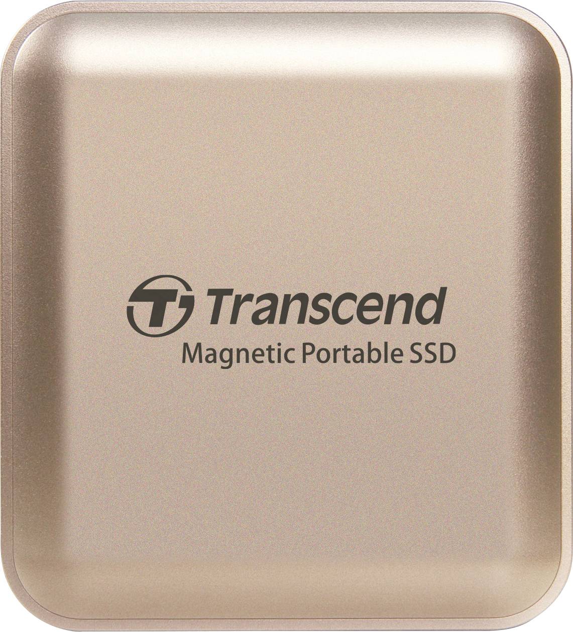Un SSD portatile Transcend Magnetic di colore oro, con un design elegante e dimensioni compatte, utilizzato per l'archiviazione esterna di dati.