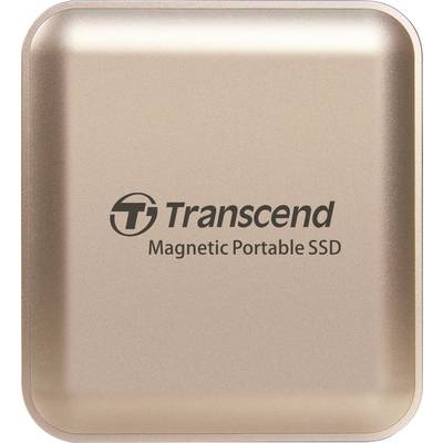 Un SSD portatile Transcend Magnetic di colore oro, con un design elegante e dimensioni compatte, utilizzato per l'archiviazione esterna di dati.