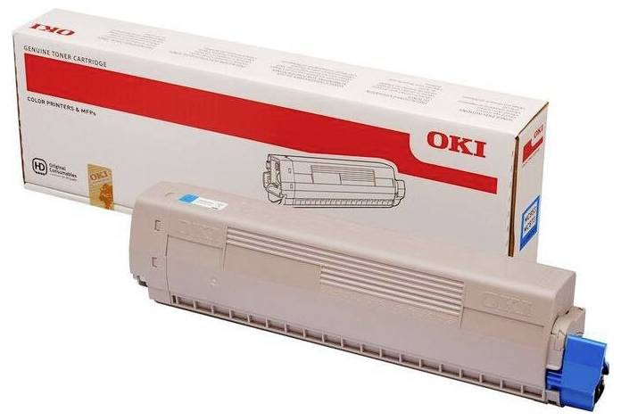 Una cartuccia di toner con scatola di imballaggio etichettata 'Cartuccia di Toner Originale' e 'OKI'. Progettata per stampanti a colori e multifunzione.