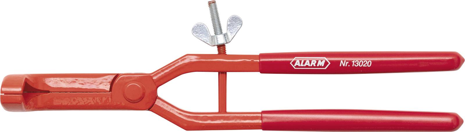 Taglia-bulloni rosso con dado a farfalla per la regolazione, etichettato 'ALARM Nr. 13020' sul manico, utilizzato per tagliare materiali pesanti.