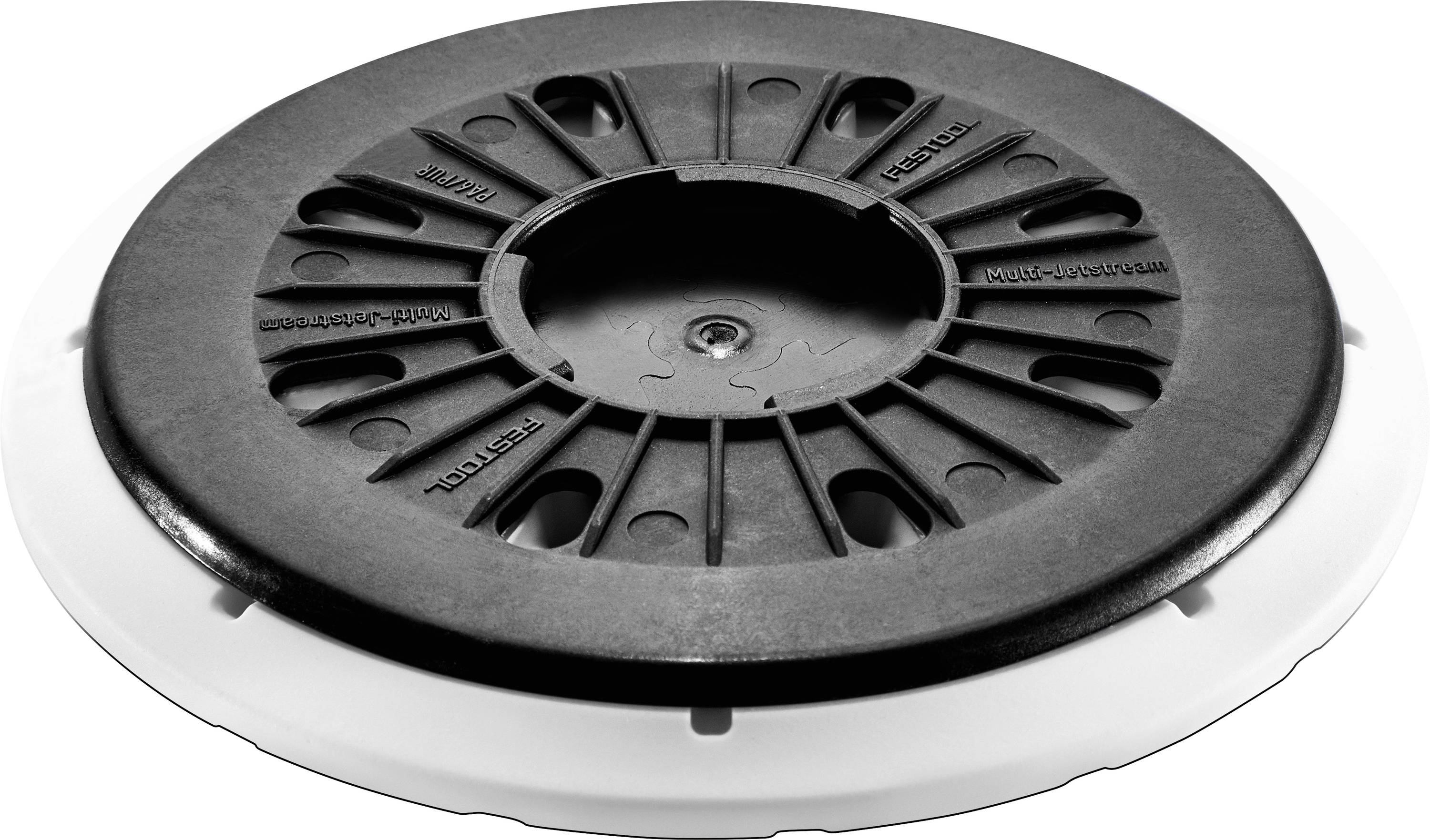 Un piedistallo regolabile in plastica bianco e nero, utilizzato per supportare pavimenti sopraelevati, che mostra la sua vista dall'alto con segni per le regolazioni.