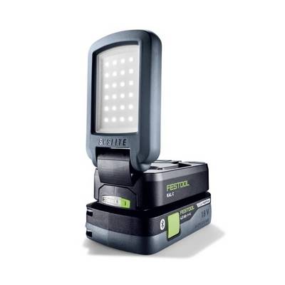 Una luce da lavoro portatile a LED con un pannello rettangolare e una base etichettata 'Festool'.