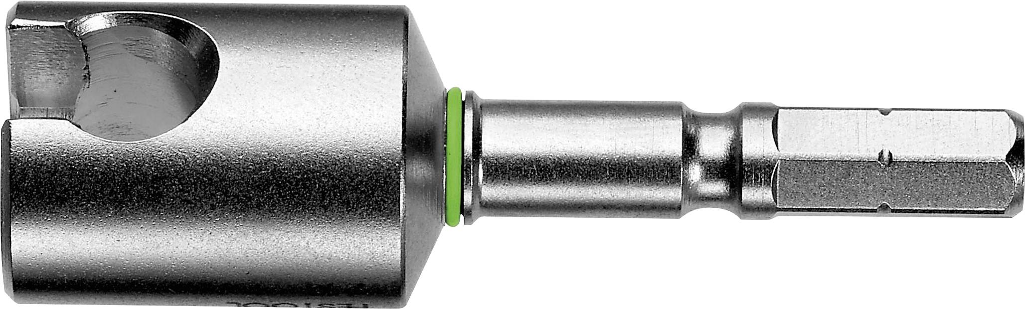 Un supporto per punte da trapano con gambo esagonale metallico, con una scanalatura singola e un anello verde alla base.