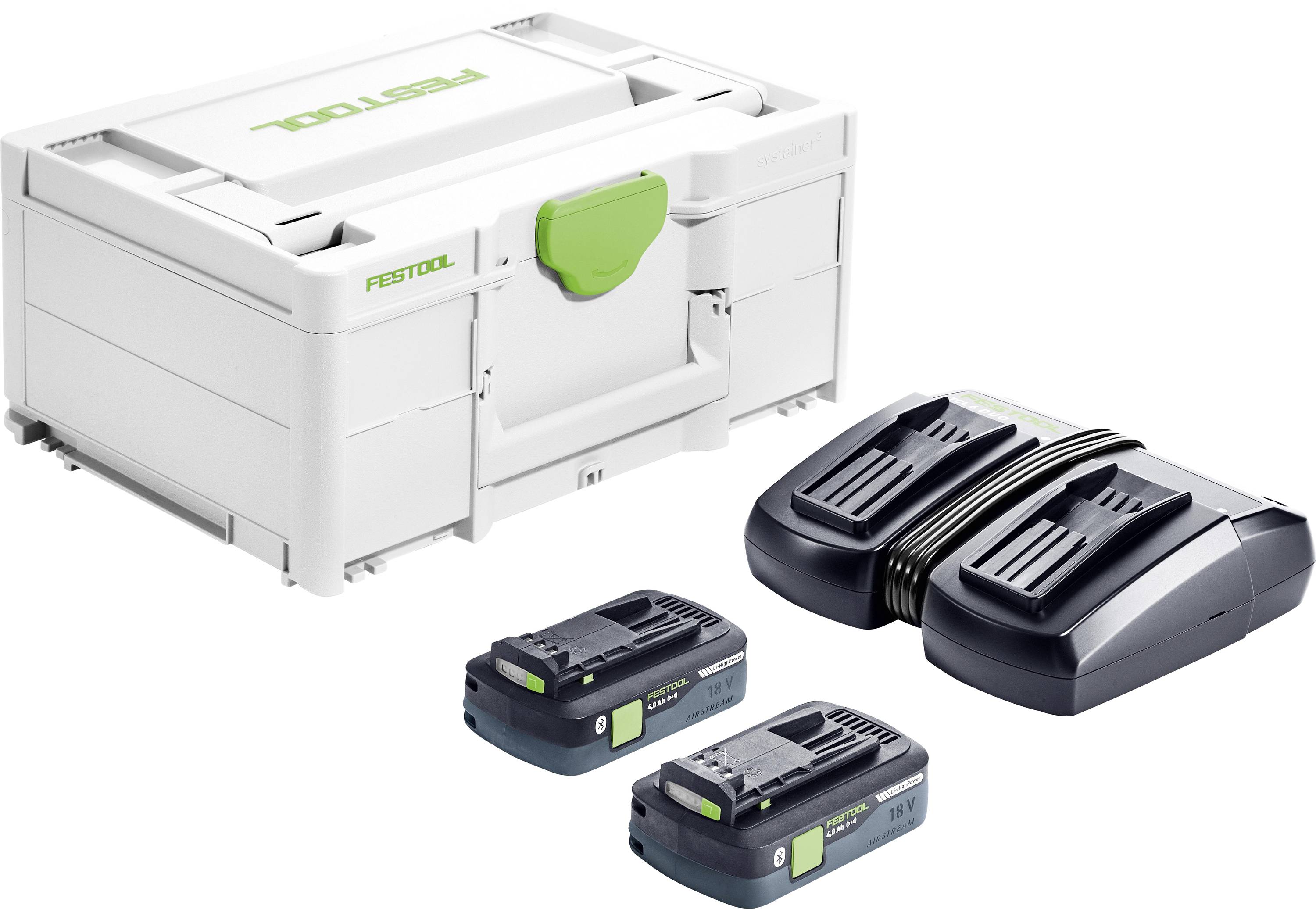 Cassetta degli attrezzi impilabile con marchio Festool, due batterie ricaricabili e un caricabatterie doppio. Adatta alla gestione e allo stoccaggio degli utensili.