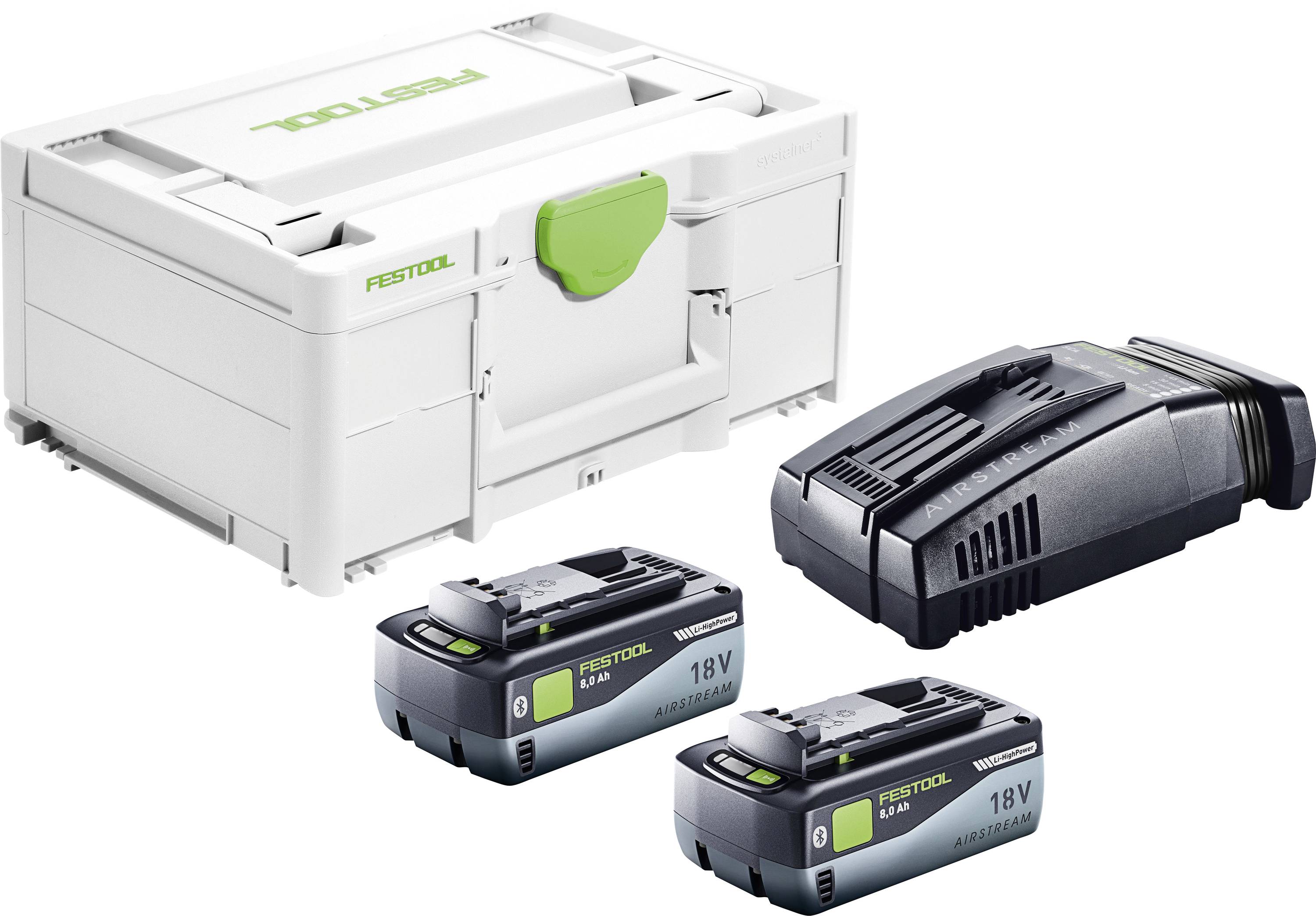Un kit Festool con un pratico contenitore di stoccaggio bianco, due batterie da 18V e un caricabatterie nero.