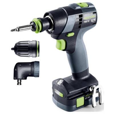 Un trapano cordless con pacco batteria e teste intercambiabili, con un attacco angolare e mandrino senza chiave.