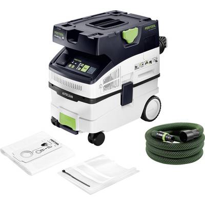 Estrattore di polveri Festool Cleantec CT 26 E con accessori, inclusi un tubo verde e un sacchetto filtro monouso, esposto su uno sfondo bianco.