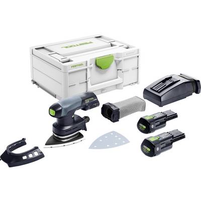Un kit utensile levigatrice elettrica con levigatrice, due batterie, un caricabatterie, un pad per levigatura, un sacchetto raccogli polvere e un contenitore di stoccaggio con l'etichetta 'Festool'.