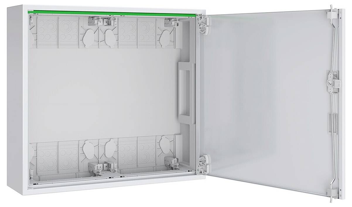Armadio elettrico aperto con porta a cerniera, che mostra l'interno grigio vuoto e le guide di montaggio.