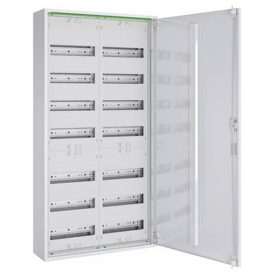 Un armadio elettrico aperto che mostra più file di interruttori automatici e interruttori, utilizzati per controllare e distribuire l'elettricità.