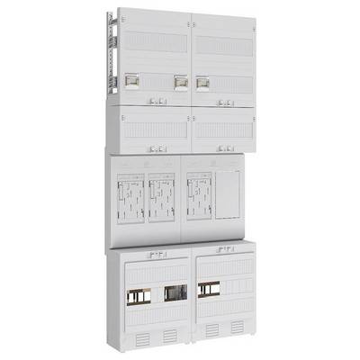 Un armadio elettrico grigio a tre livelli, con multiple porte e scompartimenti, progettato per organizzare e proteggere componenti elettrici.