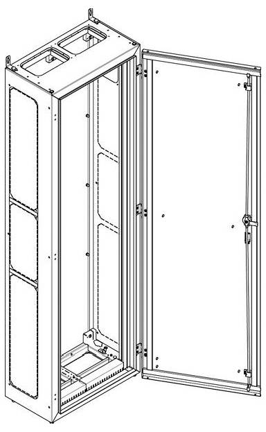 Telaio di un rack server con un pannello laterale aperto, che mostra la struttura interna vuota.