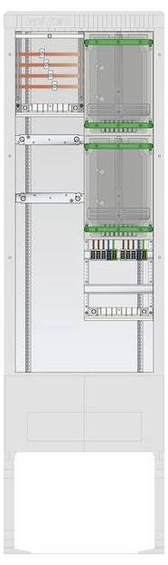 Un diagramma tecnico di un quadro elettrico che mostra i componenti del circuito, i collegamenti dei cavi e i percorsi di distribuzione in un layout verticale.