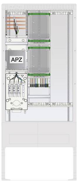 Un diagramma verticale di un armadio elettrico con sezioni etichettate per cablaggio, interruttori automatici e un modulo APZ, che mostra la struttura interna.