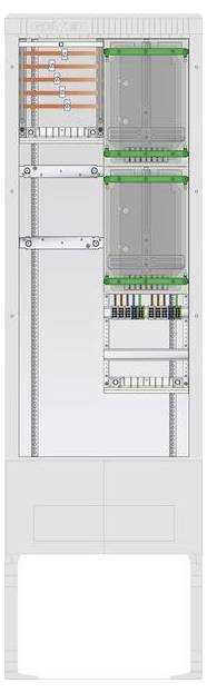 Diagramma del quadro elettrico che mostra il cablaggio e i componenti in un layout verticale. Include interruttori automatici, interruttori e linee di connessione.